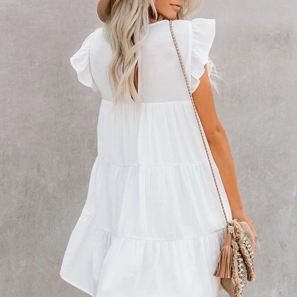 White Ruffled Mini Dress with Pockets - Picture 3 of 3